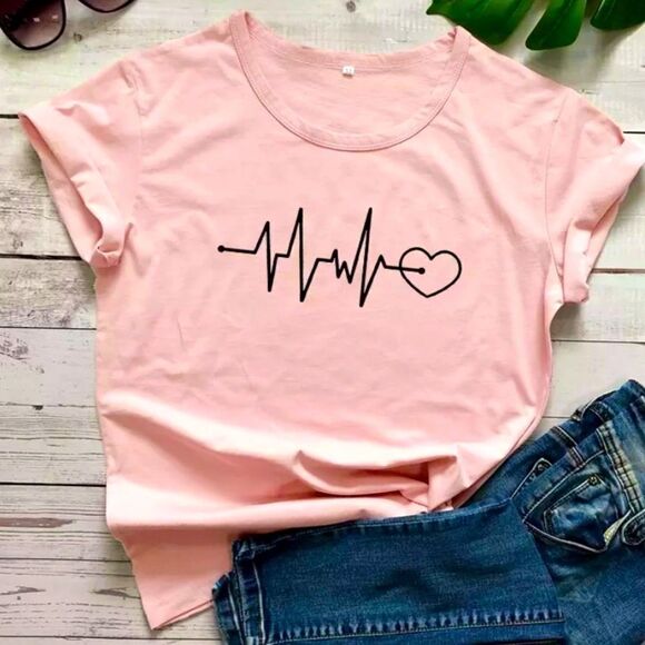 NEW! 100% Cotton Blush Pink Printed Heart EKG Short Sleeve T-Shirt - Picture 2 of 7